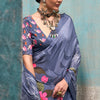 Fragrant Grey Digital Printed Crape Silk Saree With Glittering Blouse Piece