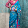 Enthralling Firozi Digital Printed Crape Silk Saree With Allure Blouse Piece