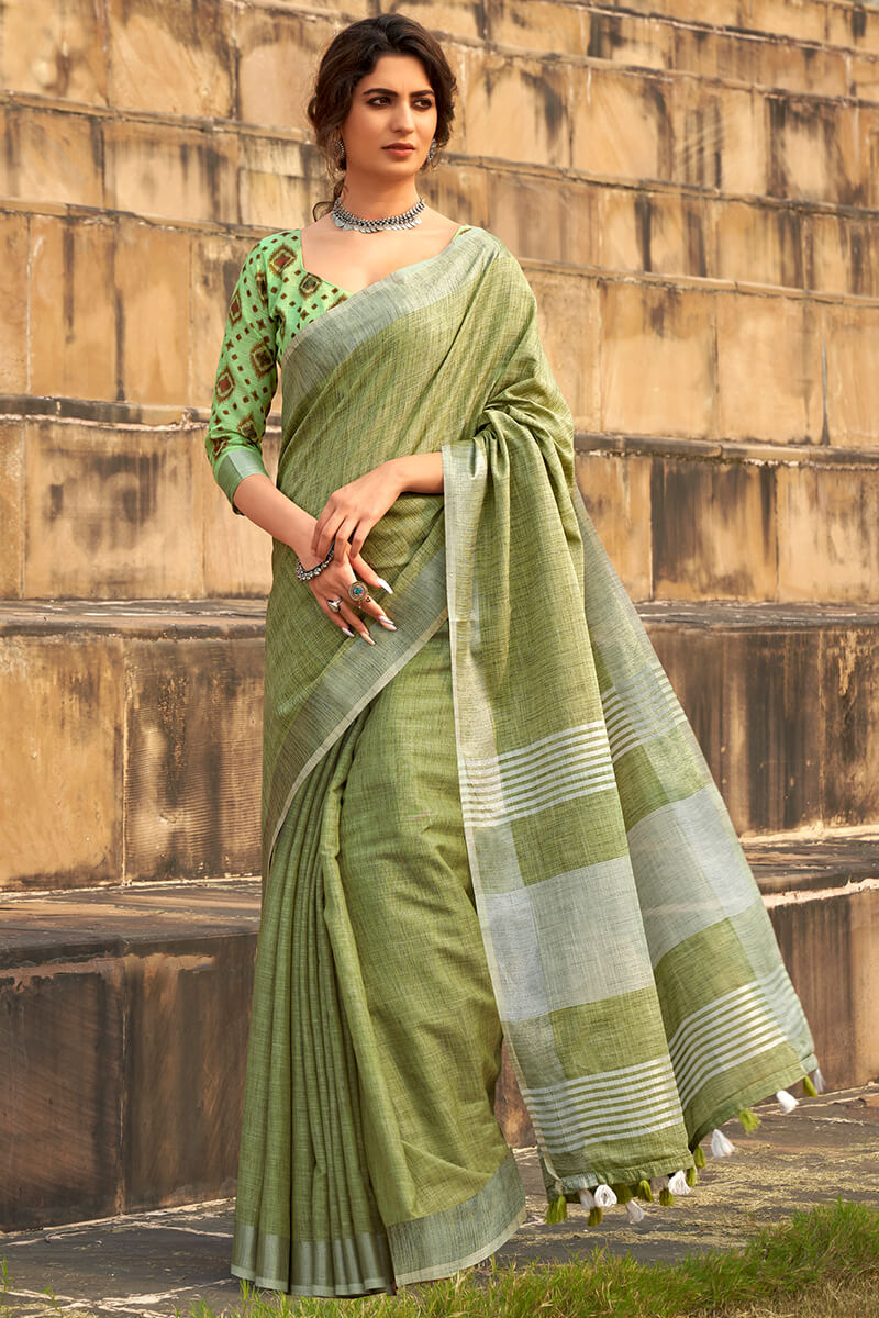 Fancifull Green Cotton Silk Saree With Majestic Blouse Piece
