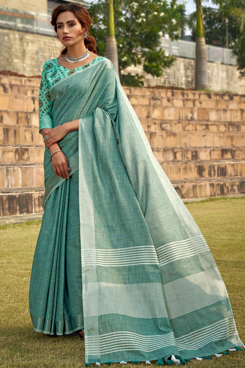 Lassitude Sea Green Cotton Silk Saree With Resplendent Blouse Piece