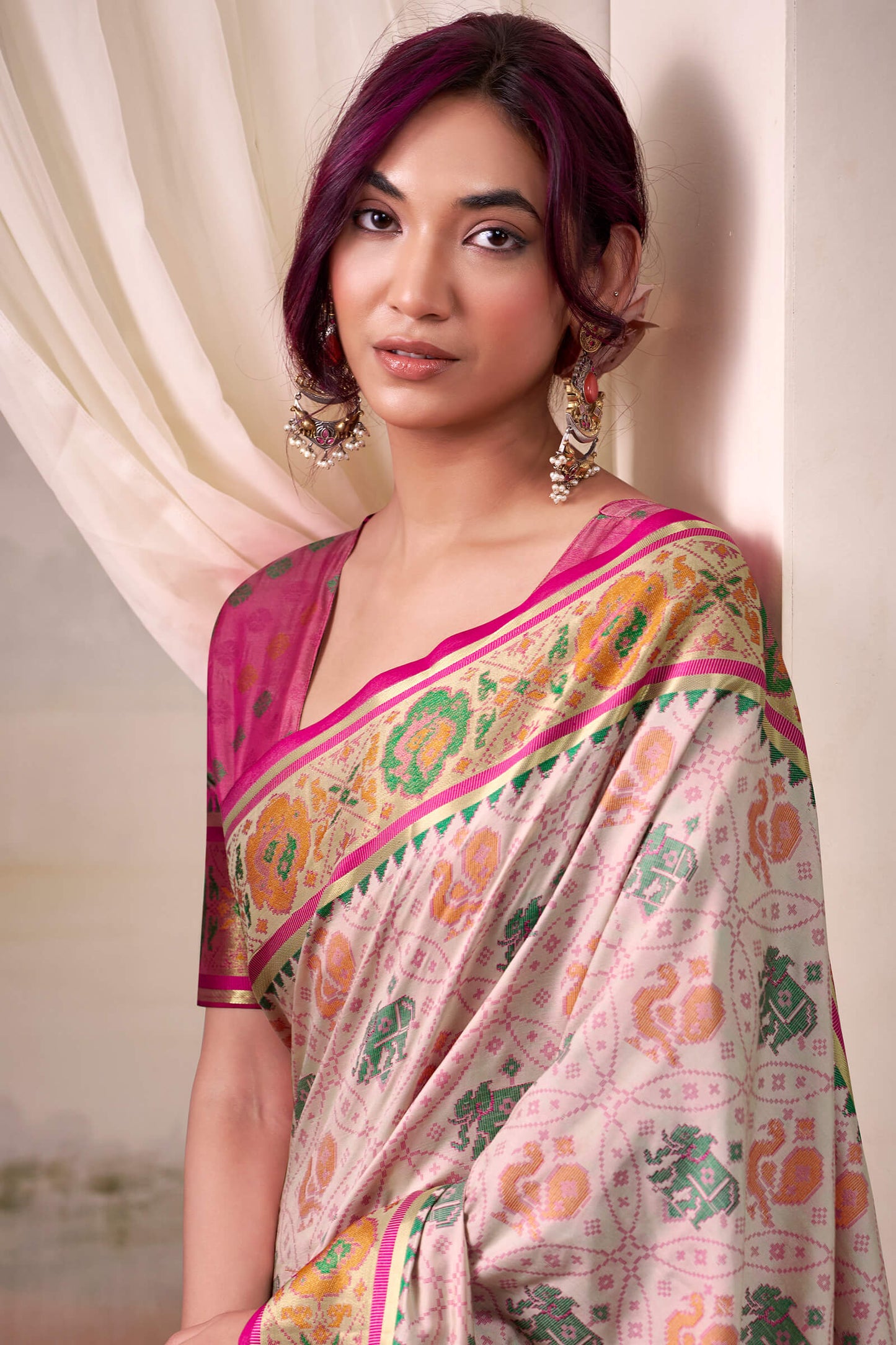 Marvellous Beige Patola Silk Saree With Tremendous Blouse Piece