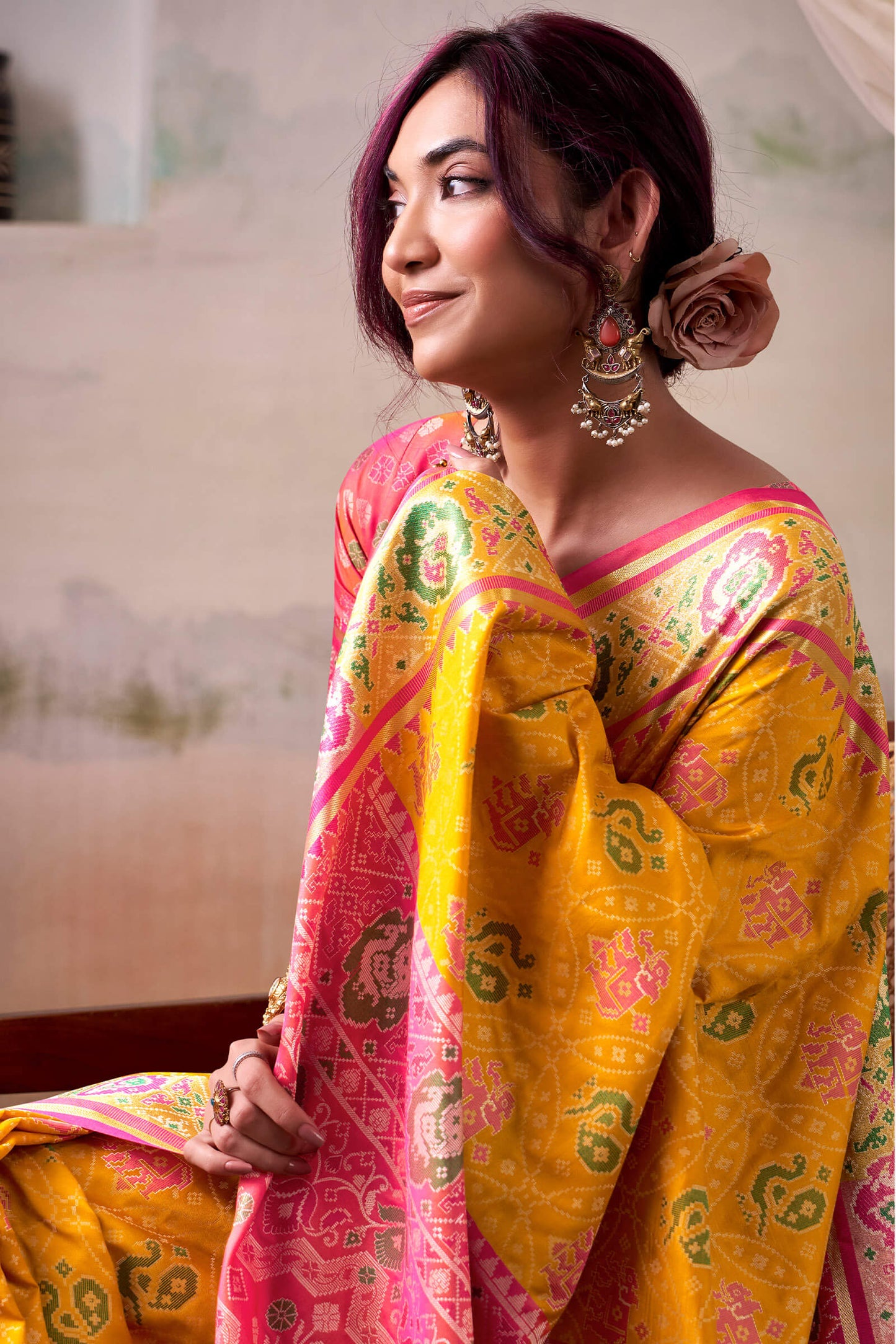 Lustrous Yellow Patola Silk Saree With Desirable Blouse Piece