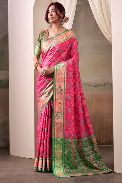 Amiable Pink Patola Silk Saree With Flamboyant Blouse Piece
