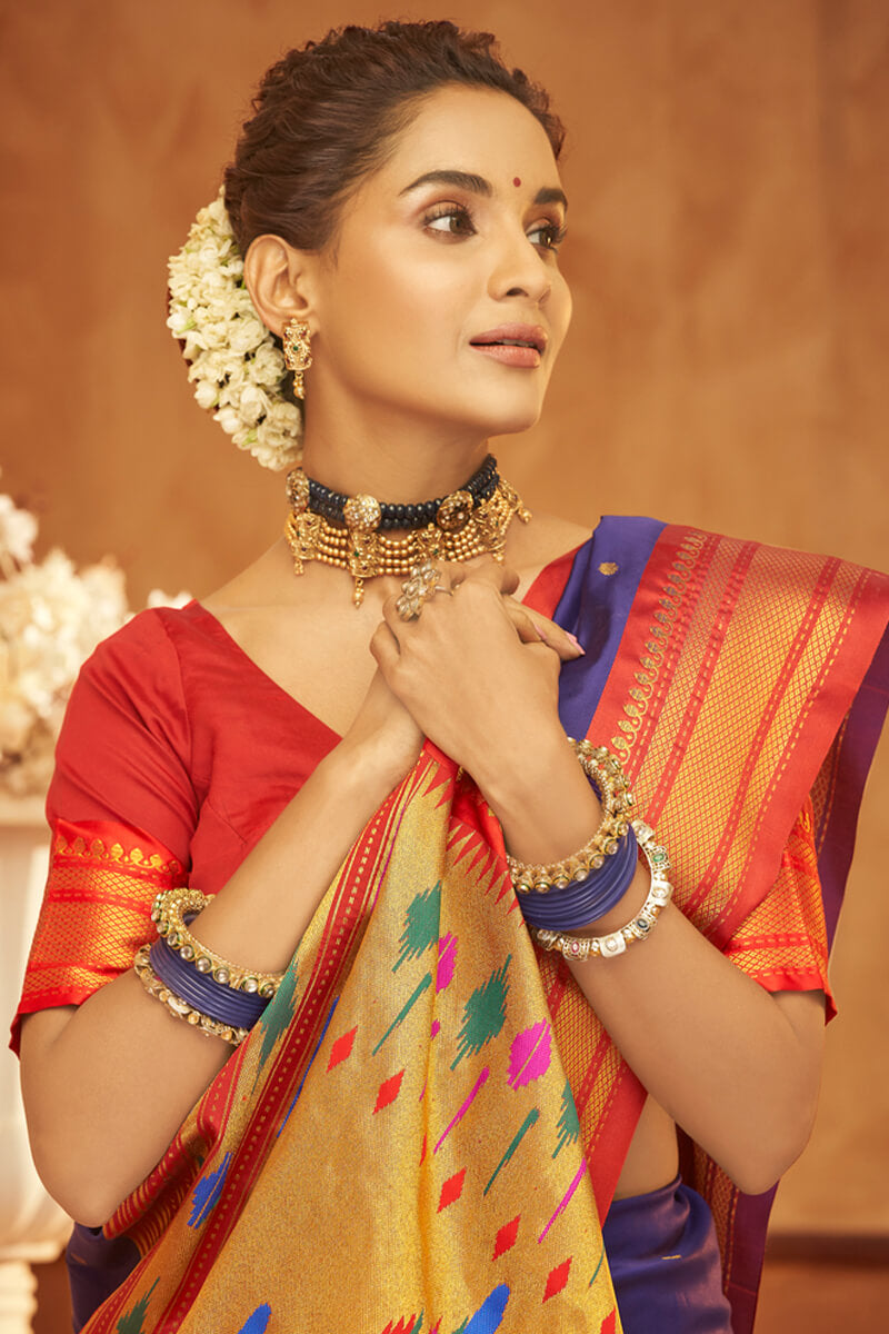 Majesty Royal Blue Paithani Silk Saree With Girlish Blouse Piece