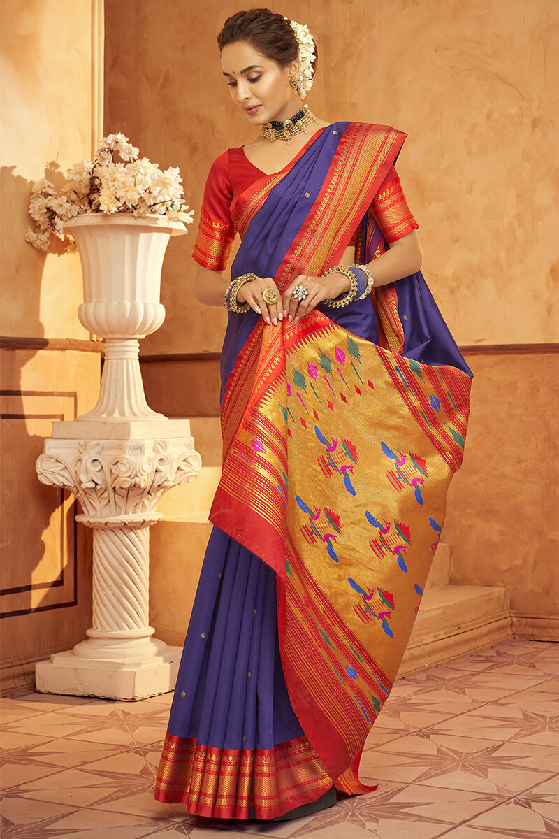 Majesty Royal Blue Paithani Silk Saree With Girlish Blouse Piece