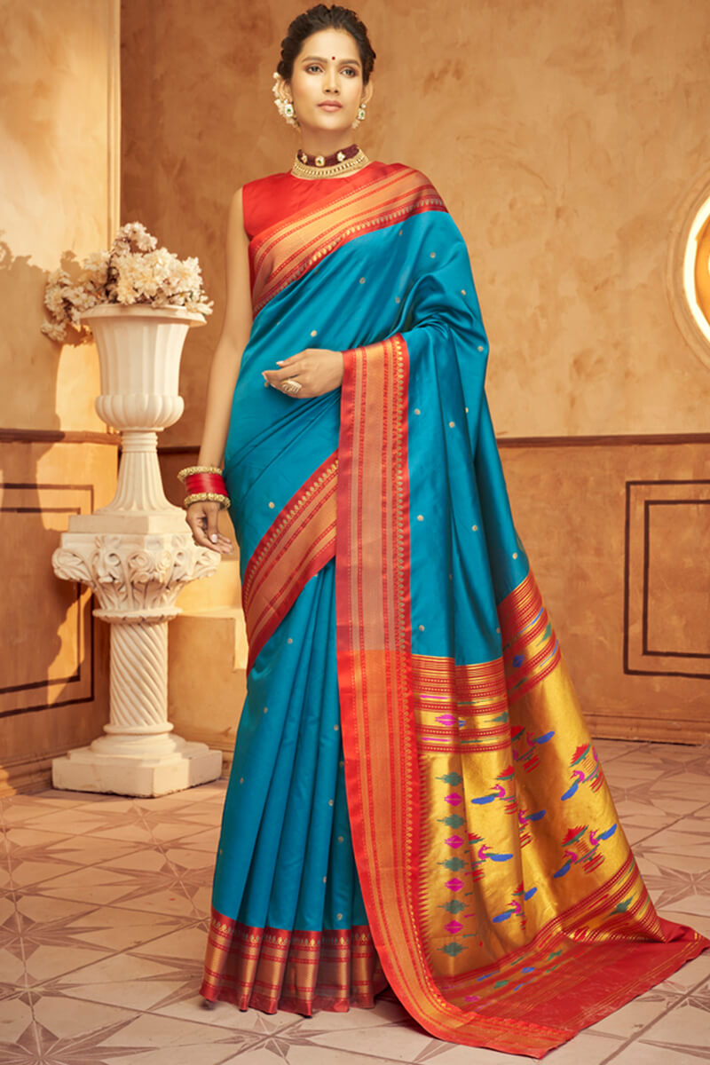 Desiring Firozi Paithani Silk Saree With Embrocation Blouse Piece