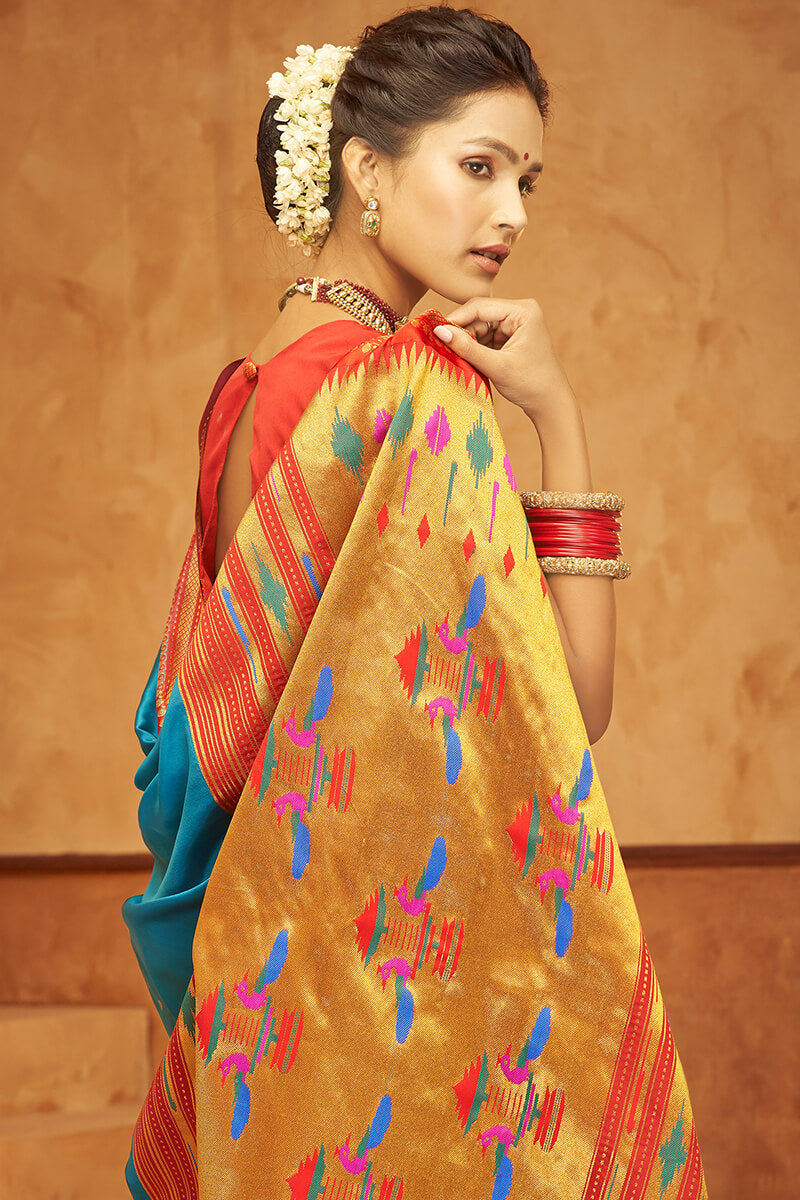 Desiring Firozi Paithani Silk Saree With Embrocation Blouse Piece