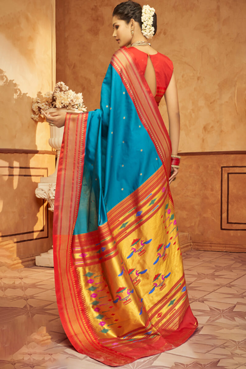 Desiring Firozi Paithani Silk Saree With Embrocation Blouse Piece