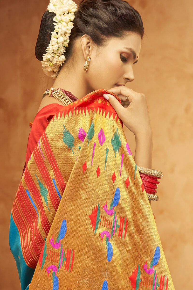 Desiring Firozi Paithani Silk Saree With Embrocation Blouse Piece