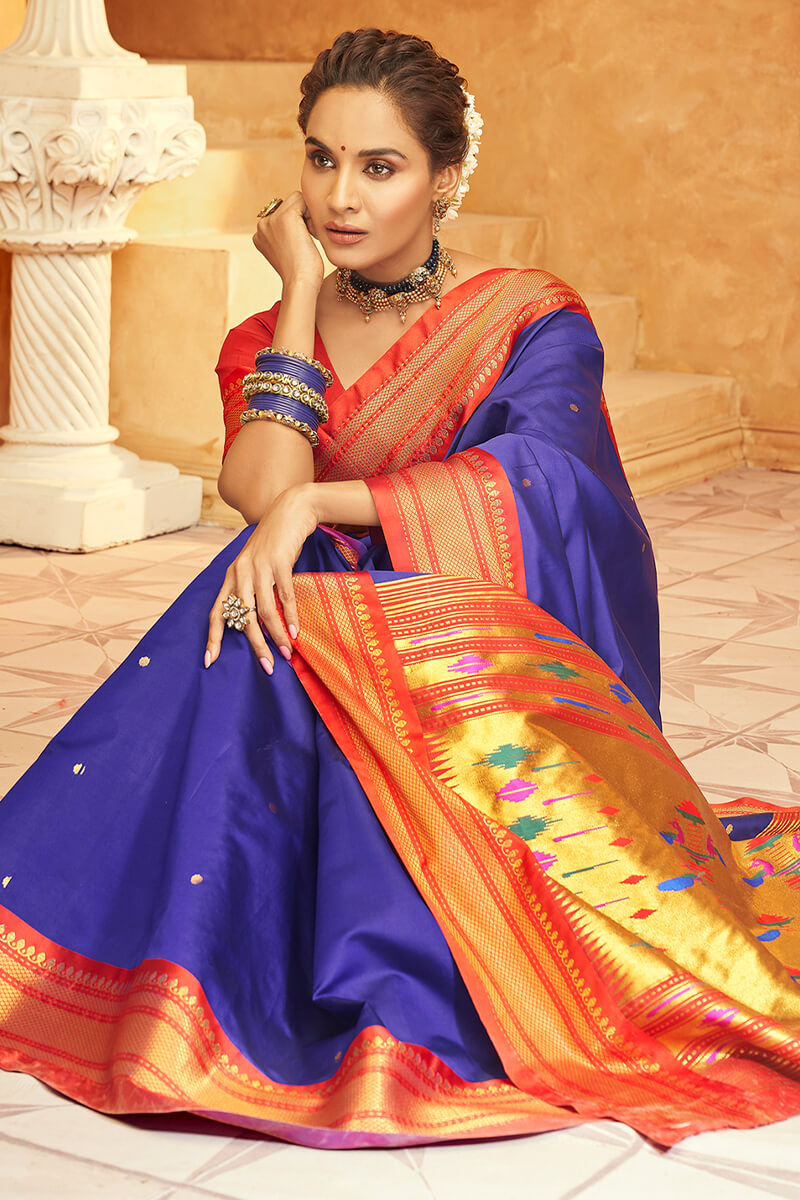 Panoply Royal Blue Paithani Silk Saree With Unequalled Blouse Piece