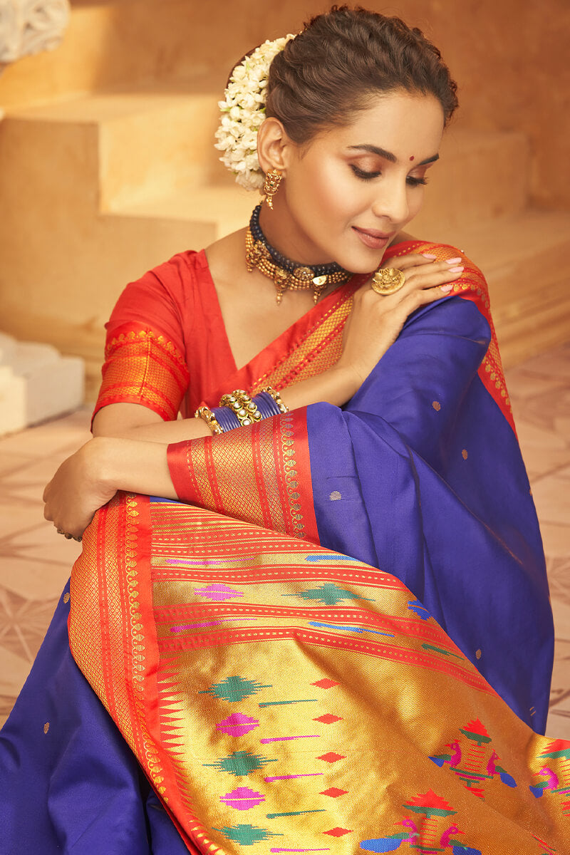 Panoply Royal Blue Paithani Silk Saree With Unequalled Blouse Piece