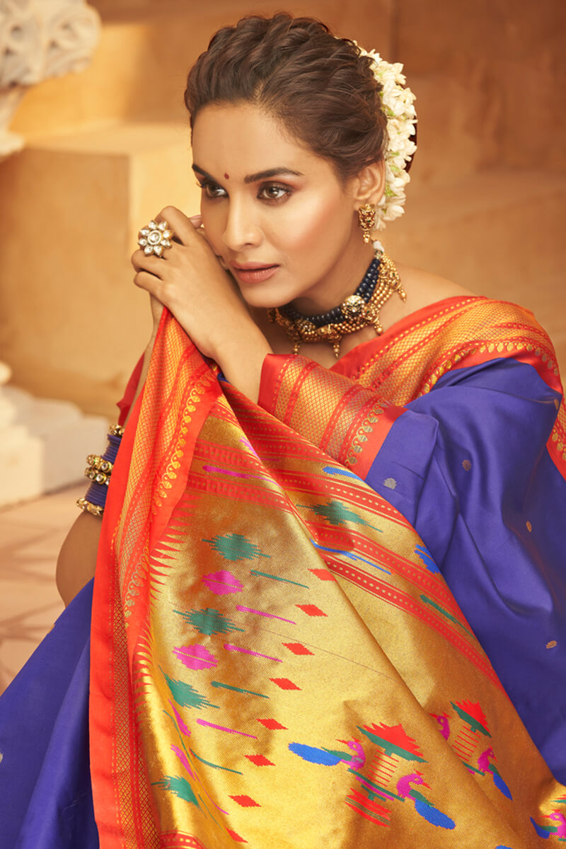 Panoply Royal Blue Paithani Silk Saree With Unequalled Blouse Piece