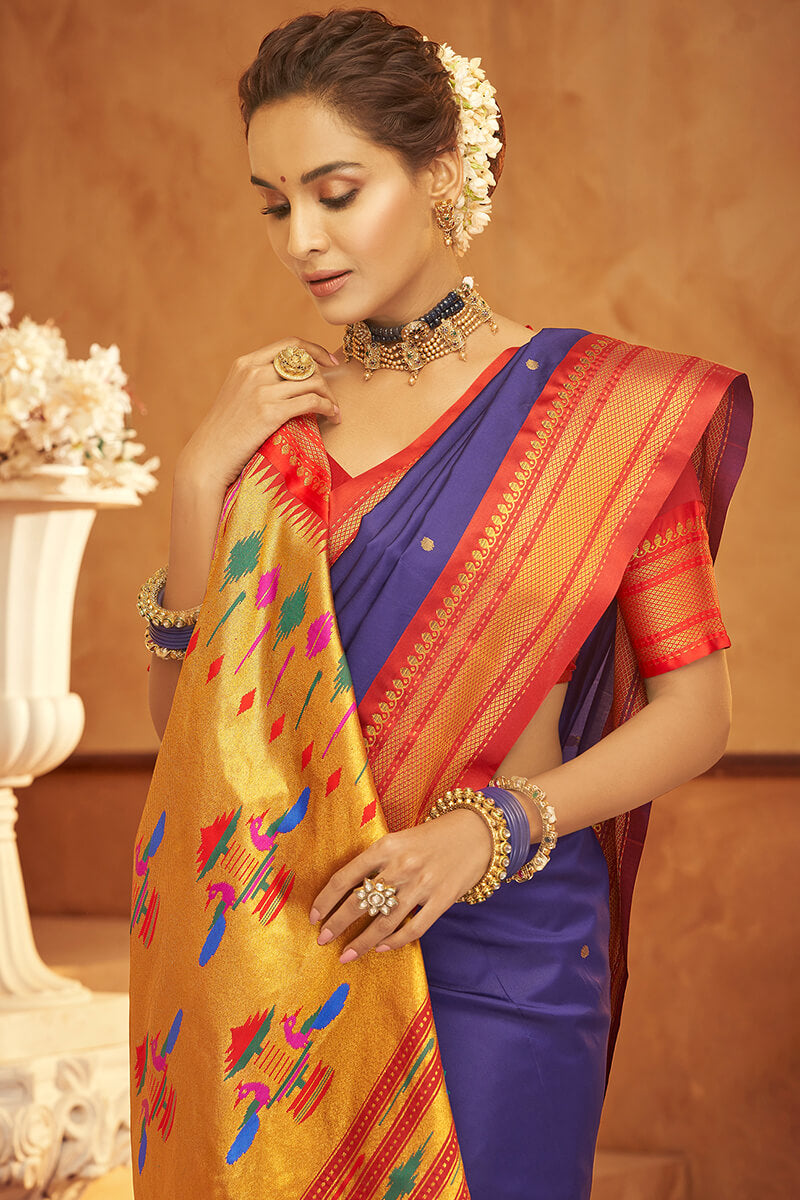 Panoply Royal Blue Paithani Silk Saree With Unequalled Blouse Piece