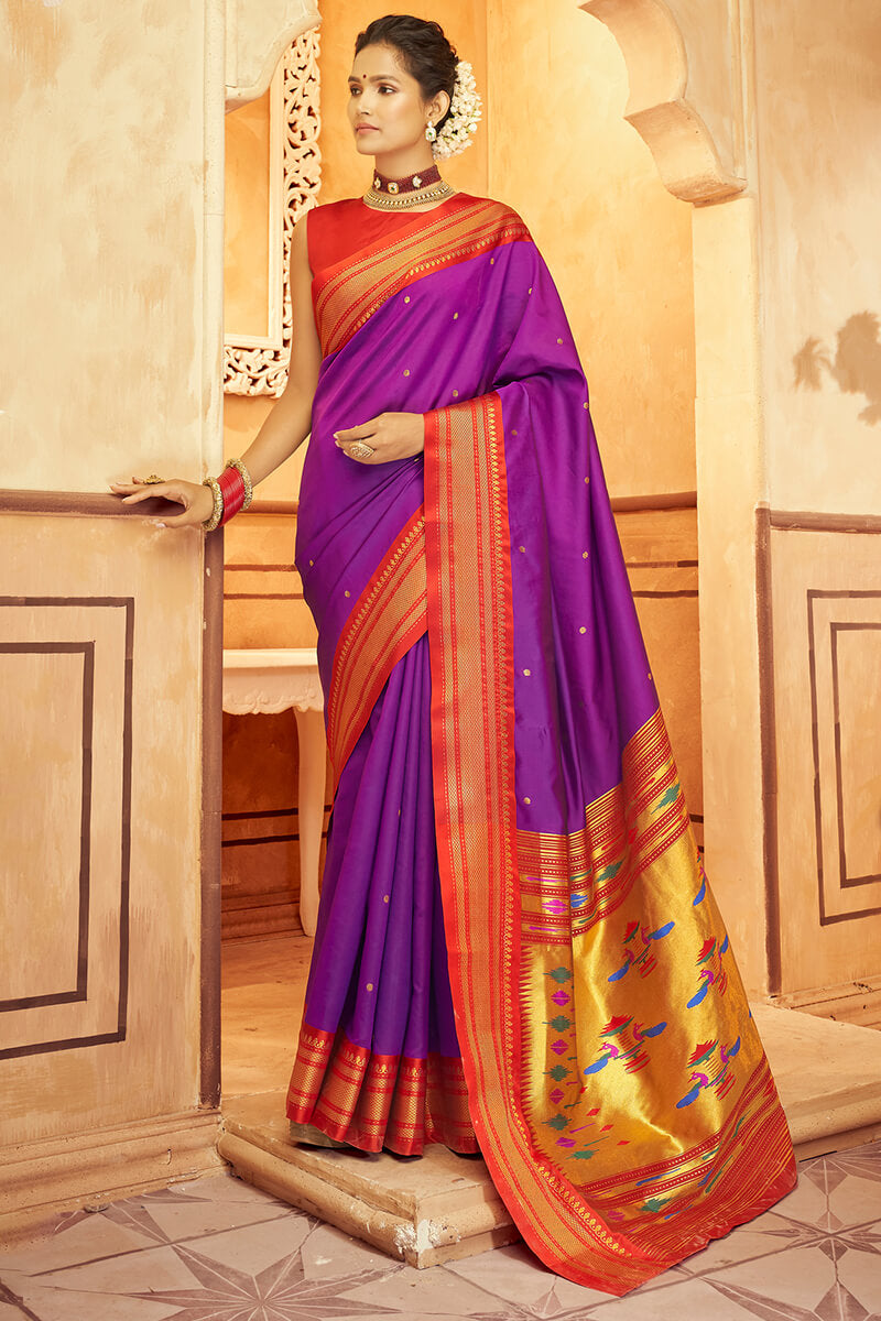 Exceptional Purple Paithani Silk Saree With Ethereal Blouse Piece