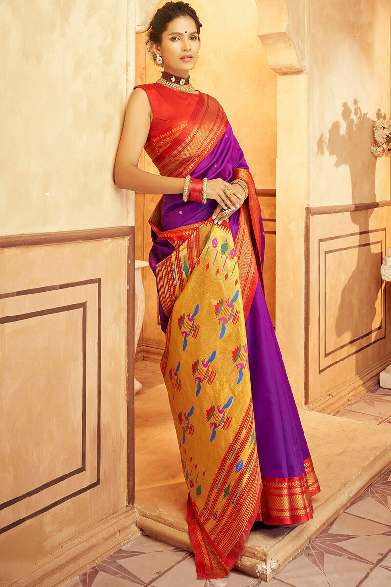 Exceptional Purple Paithani Silk Saree With Ethereal Blouse Piece