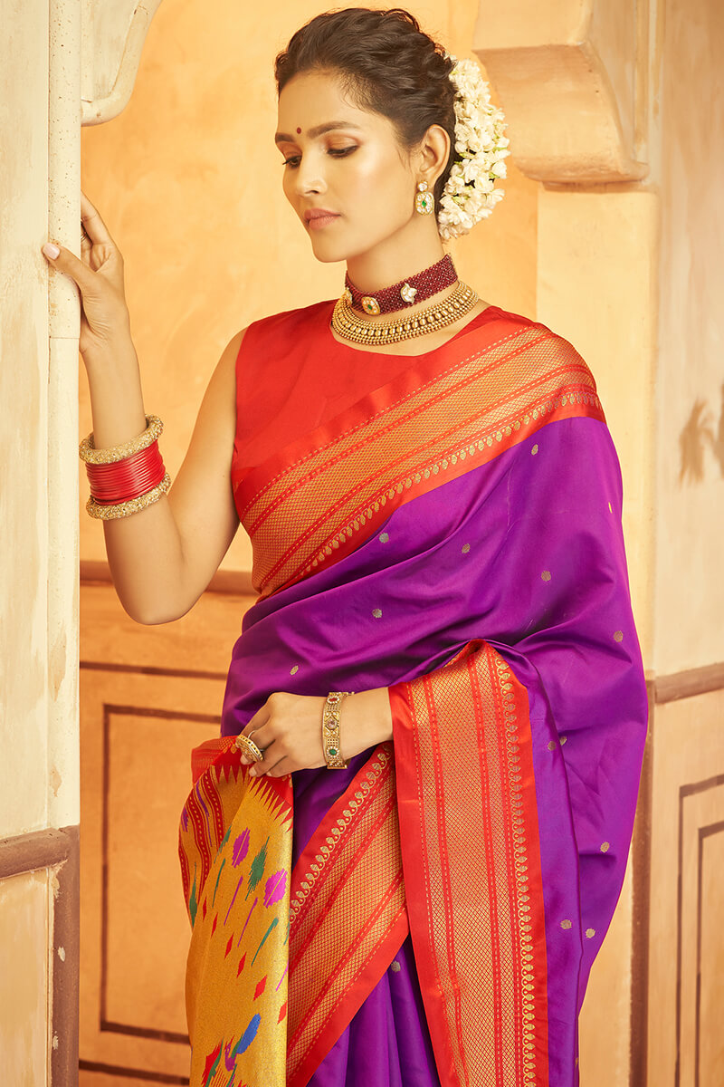 Exceptional Purple Paithani Silk Saree With Ethereal Blouse Piece