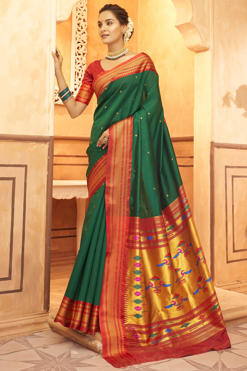 Ephemeral Dark Green Paithani Silk Saree With Precious Blouse Piece