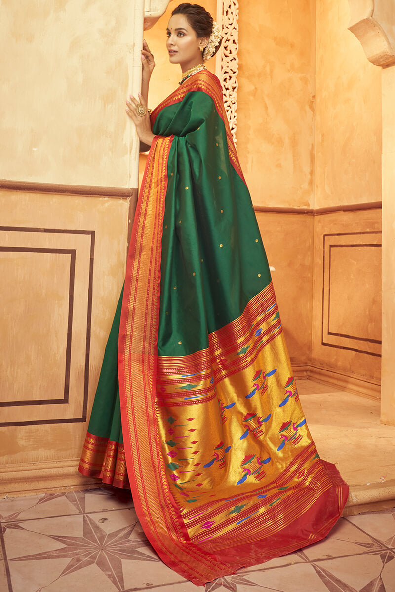 Ephemeral Dark Green Paithani Silk Saree With Precious Blouse Piece
