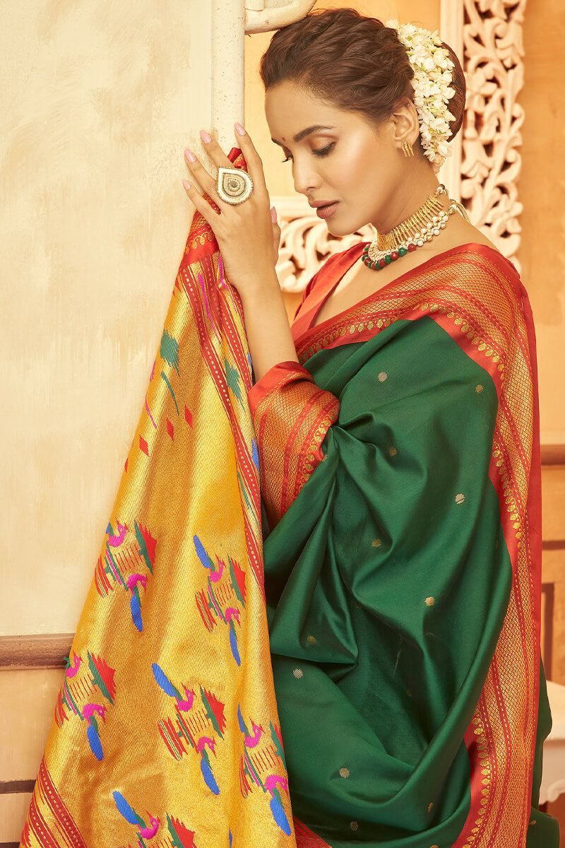 Ephemeral Dark Green Paithani Silk Saree With Precious Blouse Piece