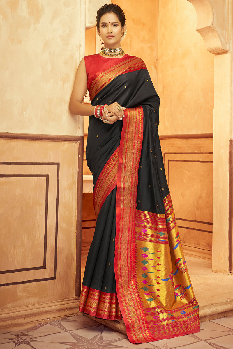 Dissemble Black Paithani Silk Saree With Beleaguer Blouse Piece
