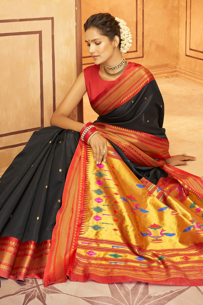 Dissemble Black Paithani Silk Saree With Beleaguer Blouse Piece