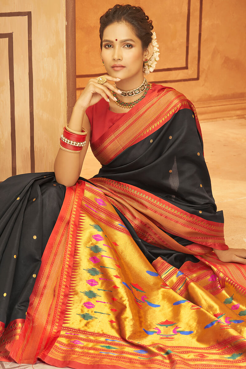 Dissemble Black Paithani Silk Saree With Beleaguer Blouse Piece