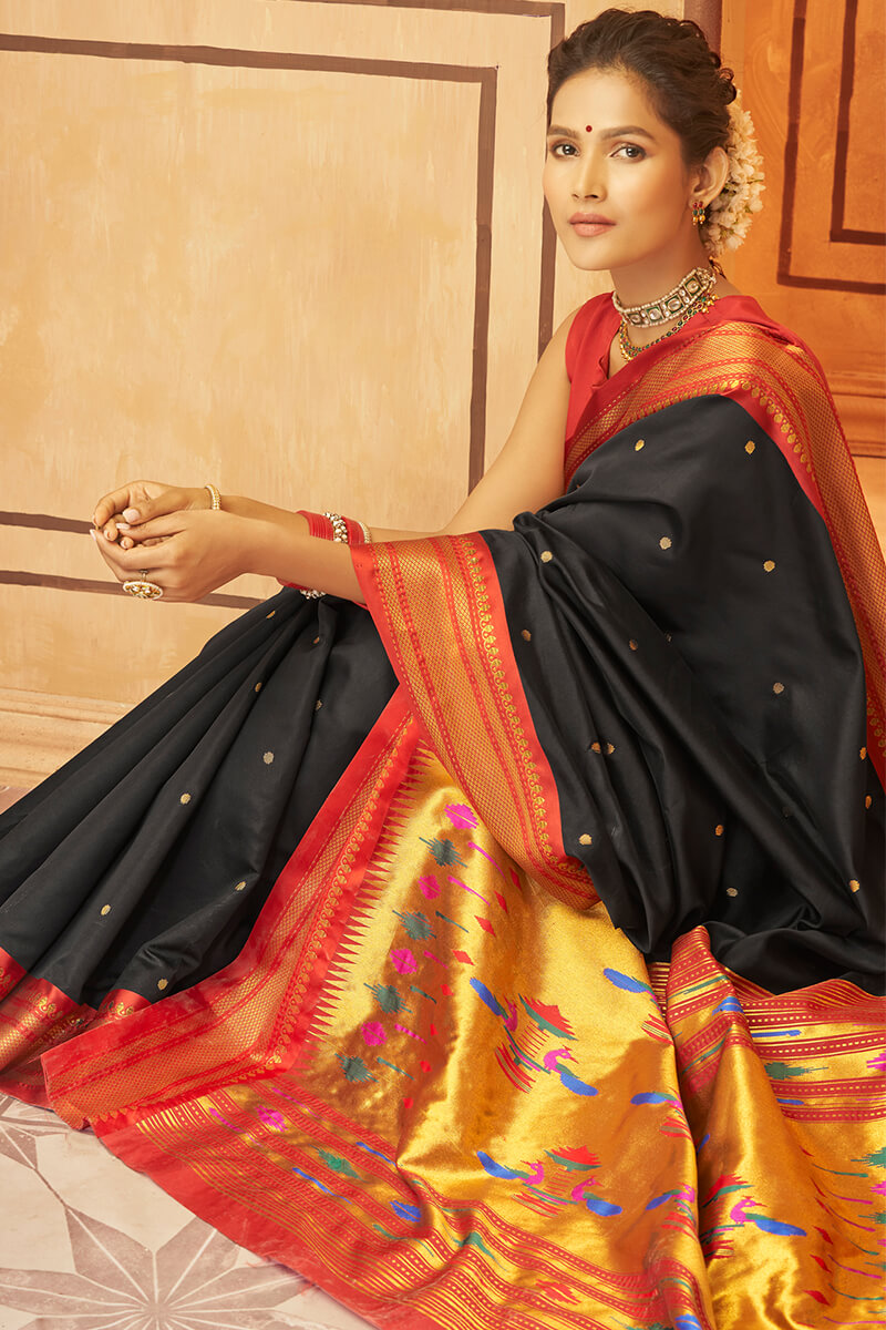 Dissemble Black Paithani Silk Saree With Beleaguer Blouse Piece