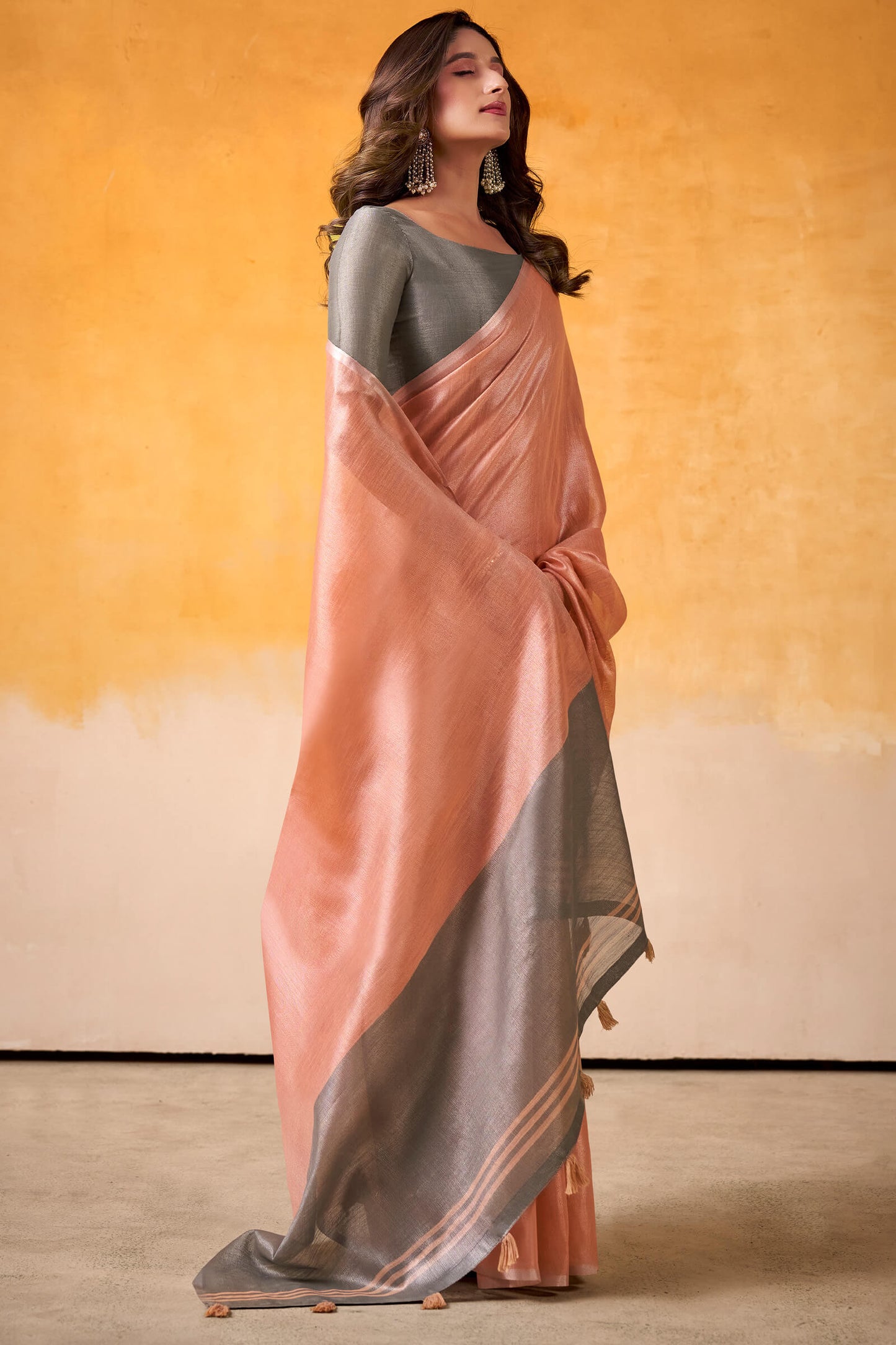 Beautiful Peach Soft Banarasi Tissue Silk Saree With Snappy Blouse Piece