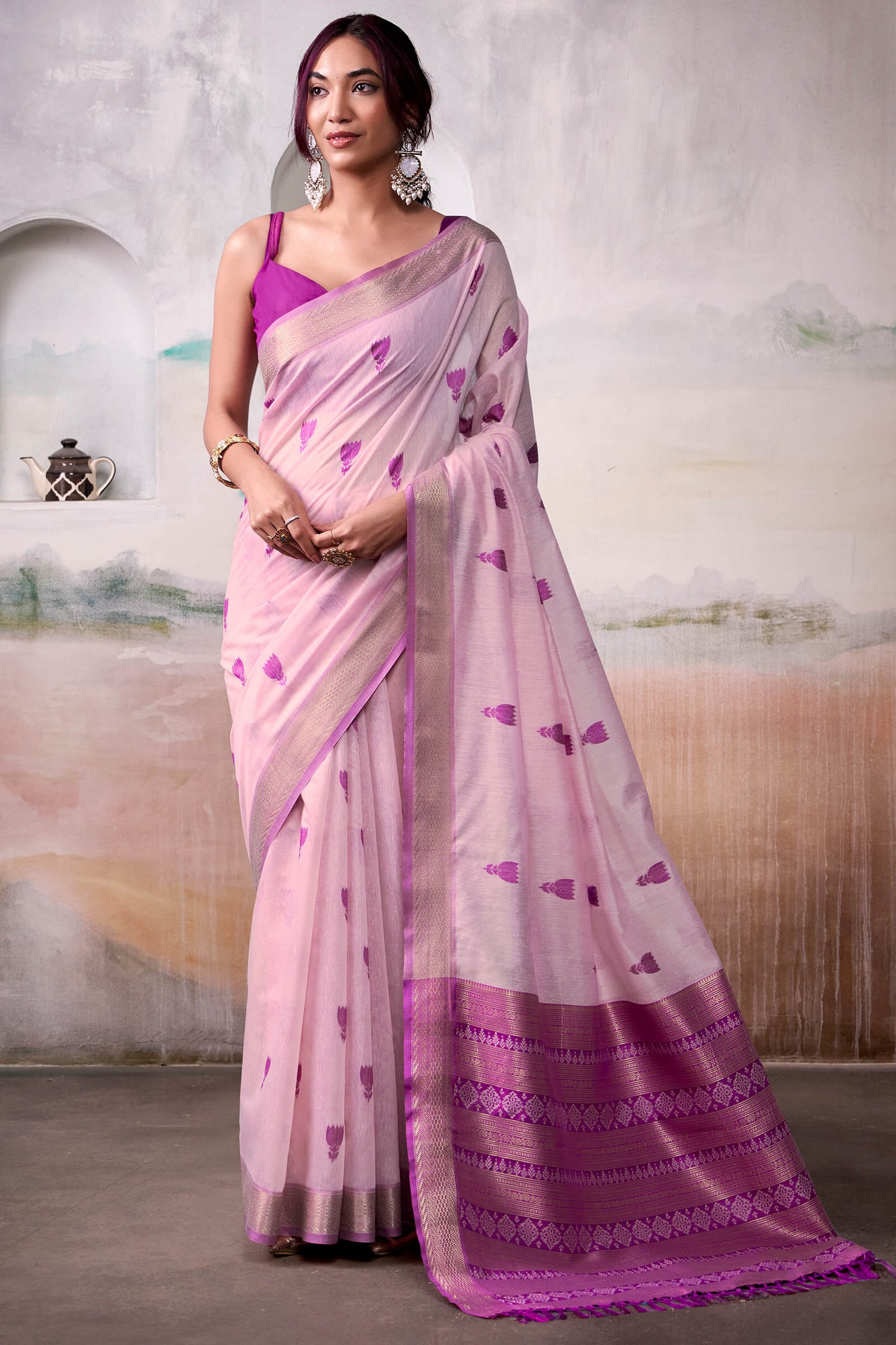 Phenomenal Lavender Cotton Silk Saree With Trendy Blouse Piece