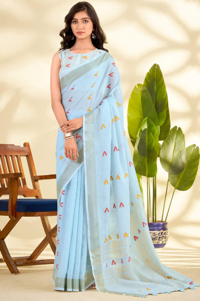 Quintessential Sky Cotton Silk Saree With Nectarous Blouse Piece