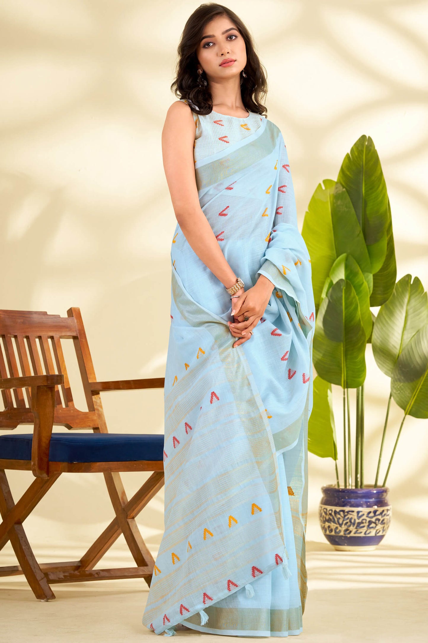 Quintessential Sky Cotton Silk Saree With Nectarous Blouse Piece