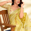 Stunning Yellow Cotton Silk Saree With Most Stunning Blouse Piece