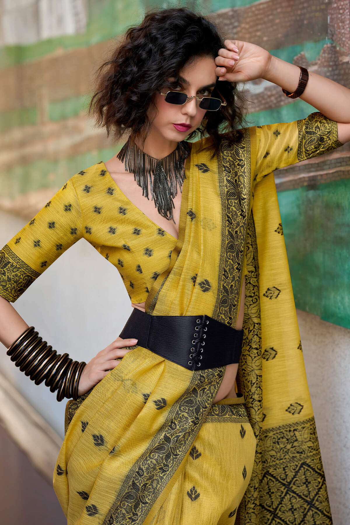 Delectable Yellow Cotton Silk Saree With Staring Blouse Piece