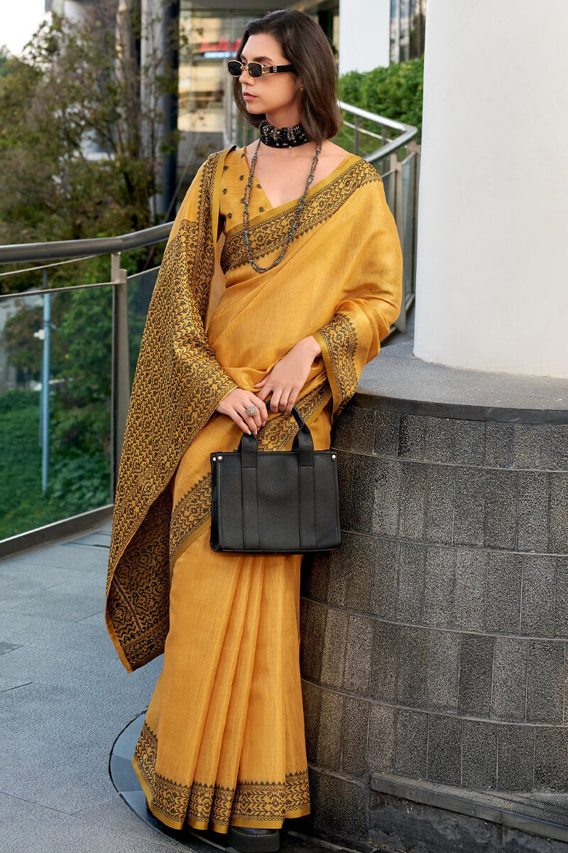 Captivating Yellow Cotton Silk Saree With Adoring Blouse Piece