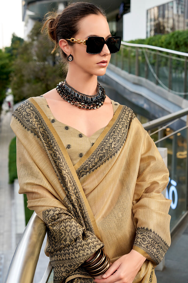 Sumptuous Beige Cotton Silk Saree With Ornate Blouse Piece
