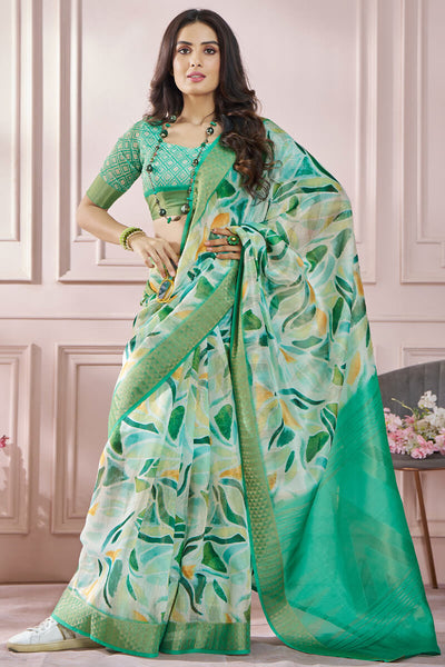 Fugacious Green Digital Printed Soft Silk Saree With Imbrication Blouse Piece