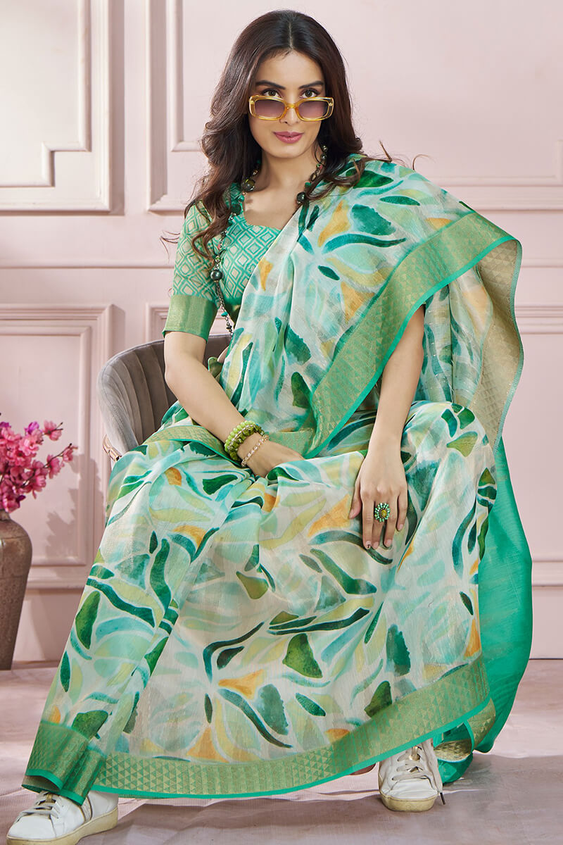 Fugacious Green Digital Printed Soft Silk Saree With Imbrication Blouse Piece