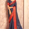 Nectarous Navy Blue Foil Printed Dola Silk Saree With Eclat Blouse Piece
