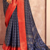 Nectarous Navy Blue Foil Printed Dola Silk Saree With Eclat Blouse Piece