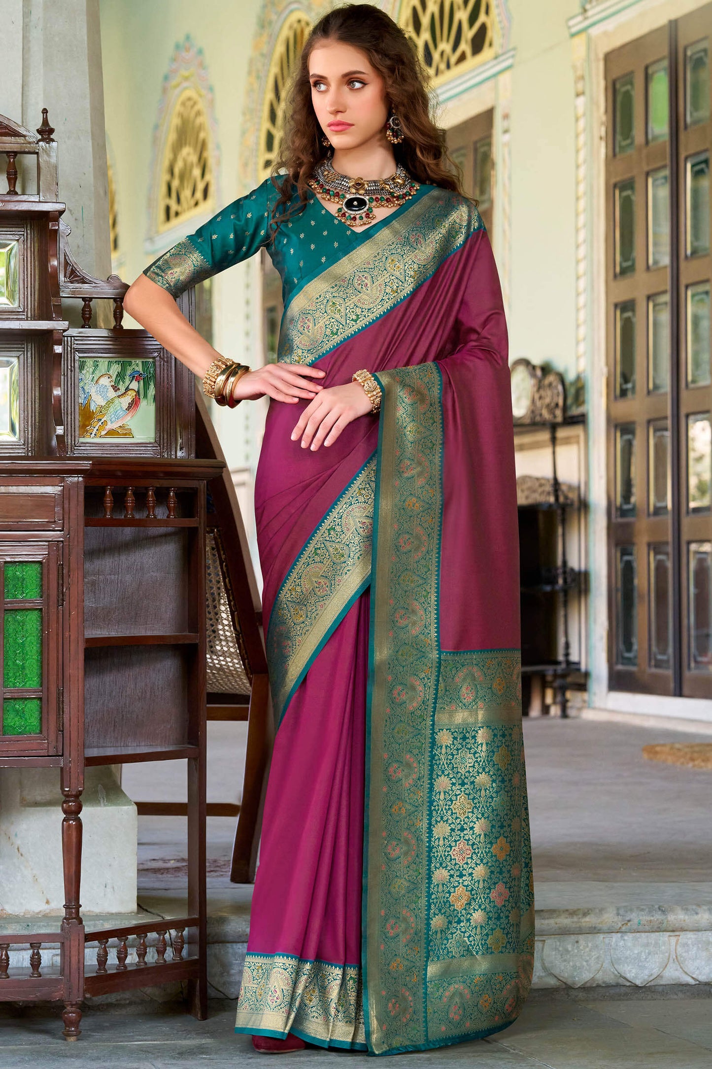 Conflate Wine Soft Banarasi Silk Saree With Ornate Blouse Piece