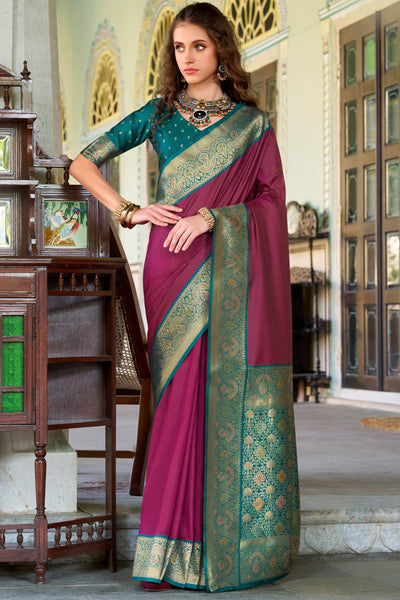 Conflate Wine Soft Banarasi Silk Saree With Ornate Blouse Piece