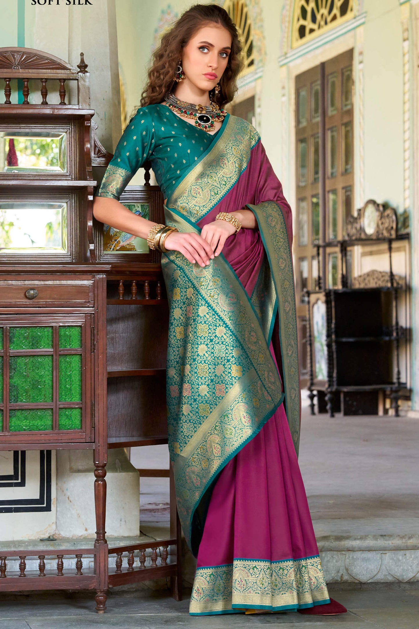 Conflate Wine Soft Banarasi Silk Saree With Ornate Blouse Piece