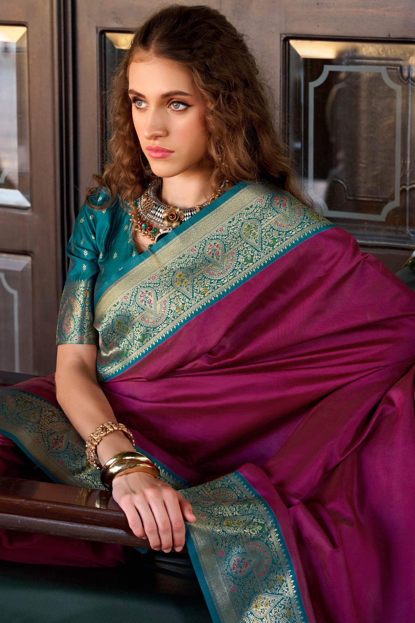 Conflate Wine Soft Banarasi Silk Saree With Ornate Blouse Piece