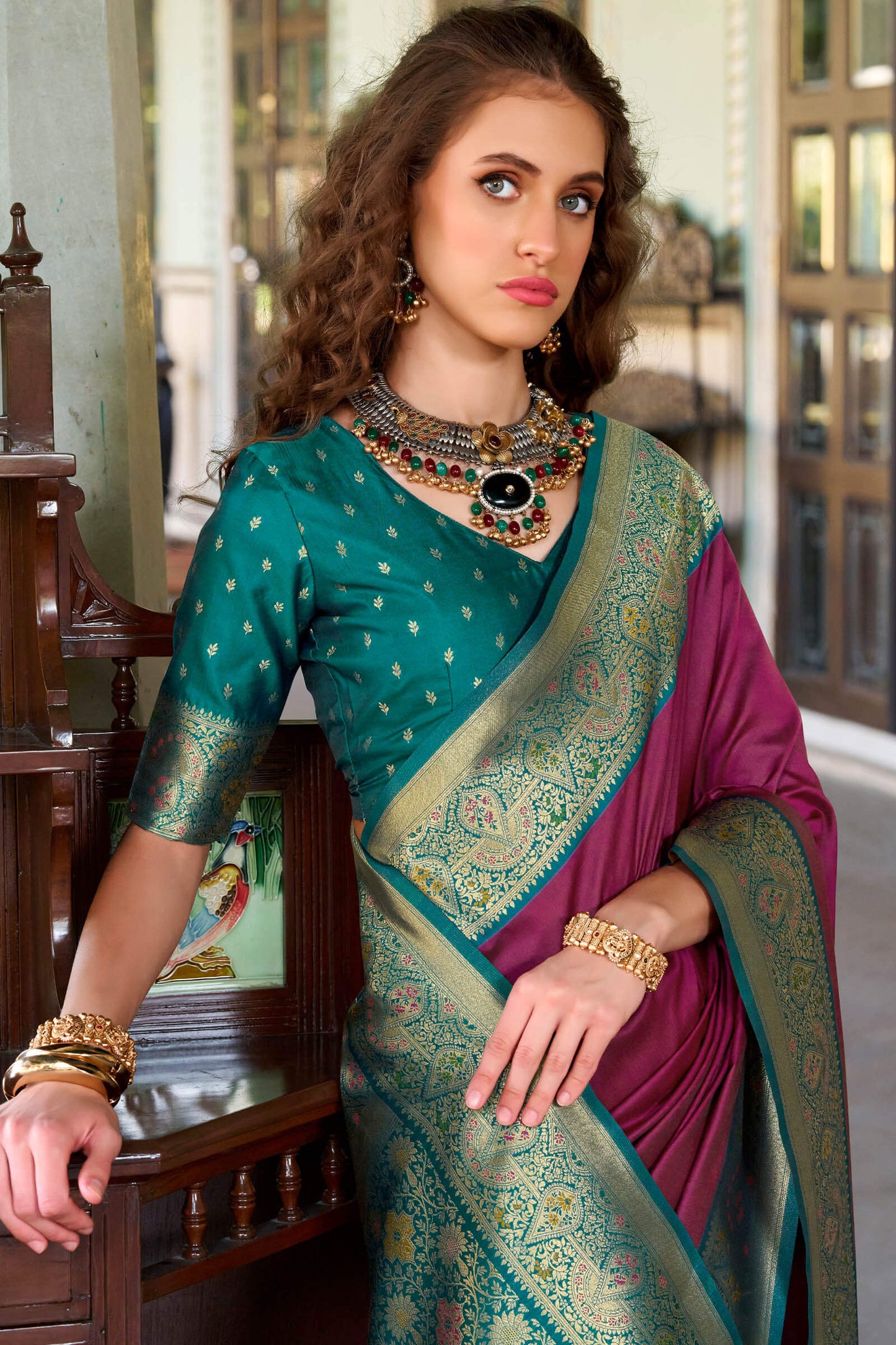 Conflate Wine Soft Banarasi Silk Saree With Ornate Blouse Piece