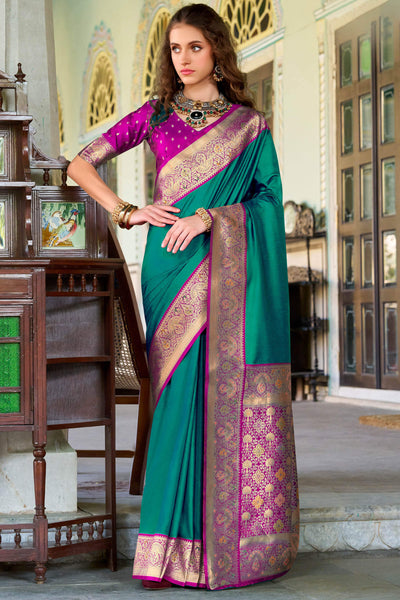 Winsome Rama Soft Banarasi Silk Saree With Chatoyant Blouse Piece