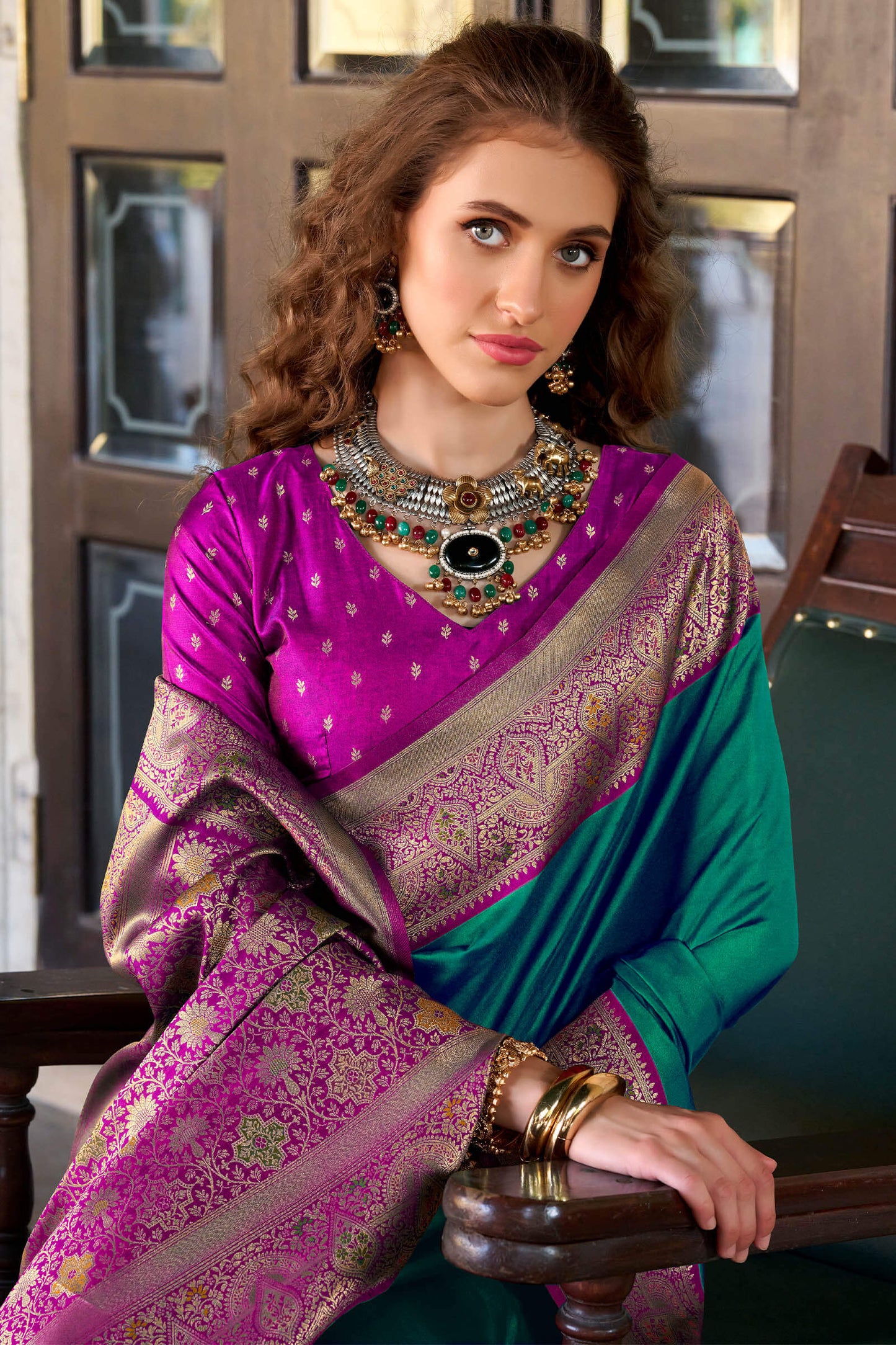 Winsome Rama Soft Banarasi Silk Saree With Chatoyant Blouse Piece