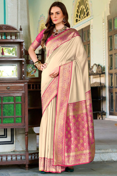 Redolent Beige Soft Banarasi Silk Saree With Ebullience Blouse Piece