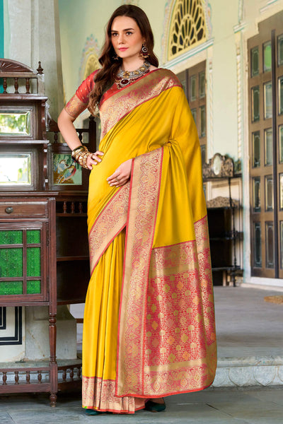Gorgeous Yellow Soft Banarasi Silk Saree With Exuberant Blouse Piece