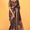 Dissemble Brown Foil Printed Dola Silk Saree With Lassitude Blouse Piece