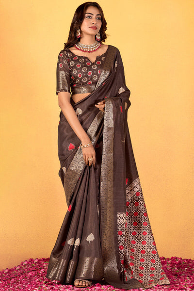 Dissemble Brown Foil Printed Dola Silk Saree With Lassitude Blouse Piece